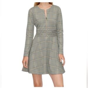 ME+EM designer gray houndstooth long sleeve mini fit and flare dress